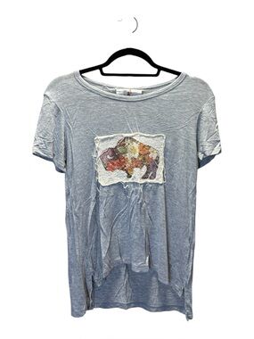 Boho Jane Light Blue Short Sleeve Women's Tee with Floral Buffalo Patch